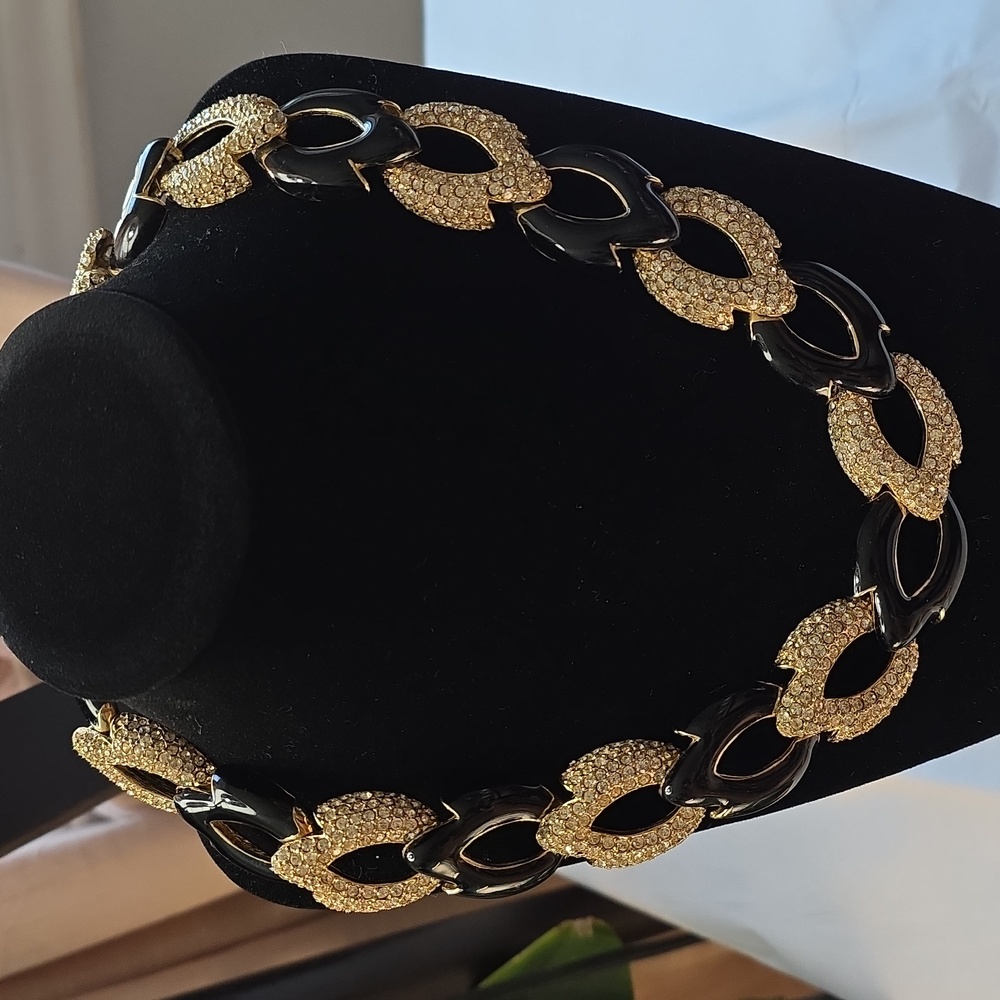 Vintage Ciner Black Enamel Gold Plated Pavé Rhinestone Necklace Signed